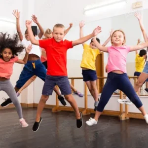 A group of children jumping in the air.